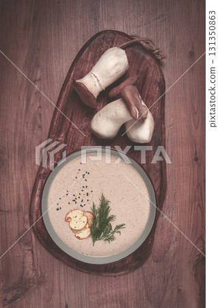 mushroom cream soup, with dill and bruschetta, mushroom eringi, 131350863