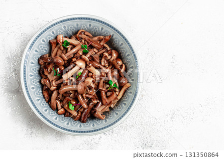 pickled honey mushrooms, in a bowl, homemade, top view, no people, 131350864