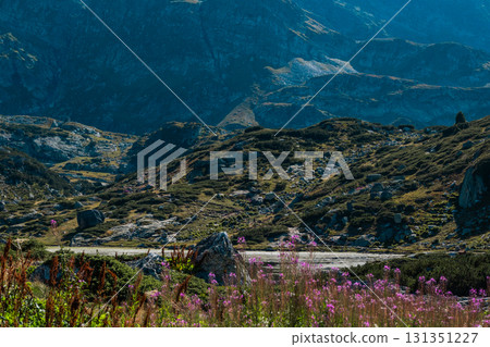 Mountain view of the Rila Mountains in Bulgaria. Seven Rila Lake hike. Eco trails. Connection with nature. Mountain view of the Rila Mountains in Bulgaria. Seven Rila Lake hike. Eco trails. Connection with nature. 131351227