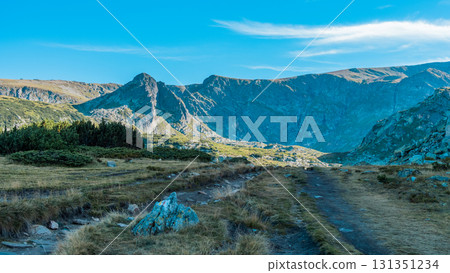 Mountain view of the Rila Mountains in Bulgaria. Seven Rila Lake hike. Eco trails. Connection with nature. Mountain view of the Rila Mountains in Bulgaria. Seven Rila Lake hike. Eco trails. Connection with nature. 131351234