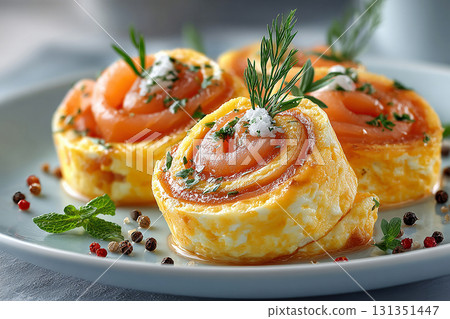 Ideal for fitness, health and food brands High-protein breakfast in Premium Hotel. Breakfast sushi: scrambled eggs and smoked salmon rolls. Viral food trend. Suitable for menu design. 131351447