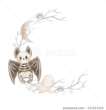 Halloween wreath bat skeleton, moon, ghost, spider, branches. Hand-drawn watercolor illustration frame in childish style, isolated from background for designing invitations, cards, templates, posters 131351520