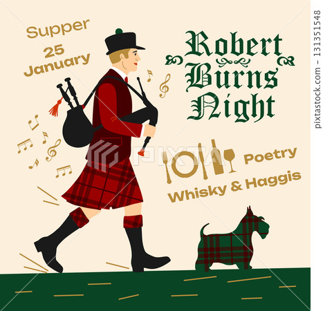 Robert Burns Night 25th January, United Kingdom Scotland background vintage invitation illustration a musician in red costume with bagpipes 131351548