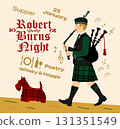 Robert Burns Night 25th January, United Kingdom Scotland background vintage invitation illustration a musician with bagpipes and dog 131351549