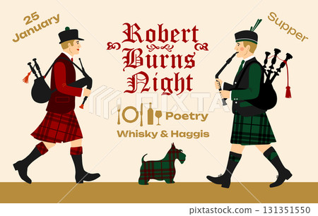 Robert Burns Night 25th January, United Kingdom Scotland background vintage invitation illustration a musician with bagpipes 131351550