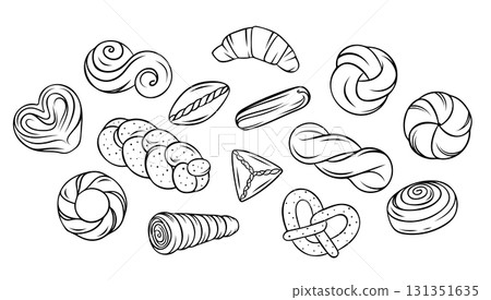 Big vector set, delicious pastries, braided buns, pies, croissant, waffle tube with cream, simple black and white icons, doodle and sketch style Big vector set, delicious pastries, braided buns, pies, croissant, waffle tube with cream, simple black and white icons, doodle and sketch style 131351635
