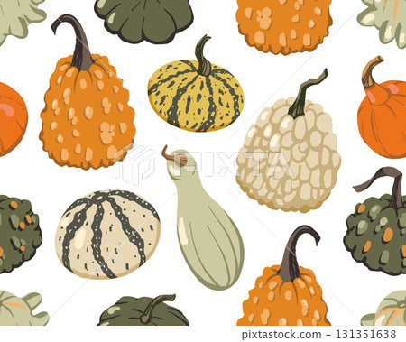 Pumpkins seamless pattern. Thanksgiving Halloween fall vegetable harvest background. Cute hand drawn doodle orange yellow gray striped pumpkins 131351638