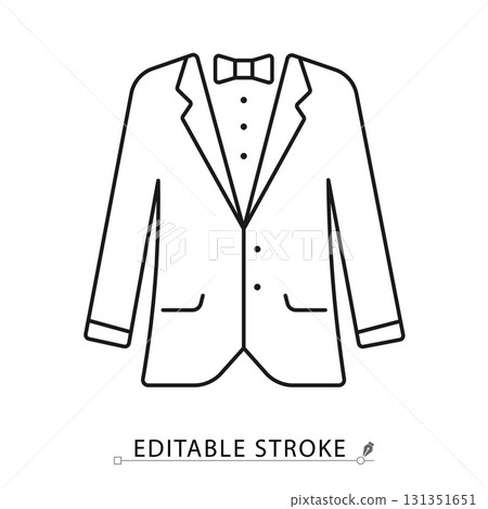 A tuxedo suit icon in a minimalist line style with editable stroke. Groom wedding costume, formal wear, gentleman fashion garment, classic man clothing, marriage ceremony accessory. 131351651