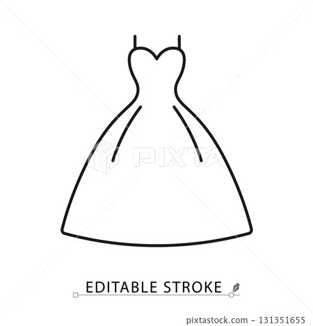 A wedding dress icon in a minimalist line style with editable stroke. Bridal gown, marriage ceremony clothing, bride fashion garment, celebration wear, female romance symbol, formal wear. A wedding dress icon in a minimalist line style with editable stroke. Bridal gown, marriage ceremony clothing, bride fashion garment, celebration wear, female romance symbol, formal wear. 131351655