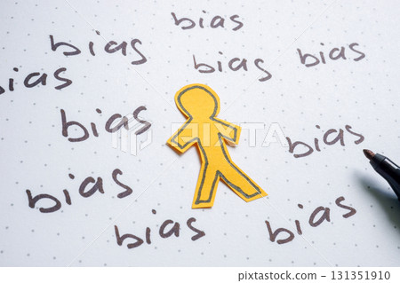 Figure surrounded by bias word. Prejudice and unfair judgment. 131351910