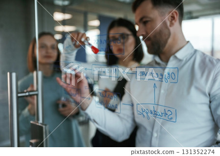 Blue color text. Office workers are creating plan, standing by glass and writing on it 131352274