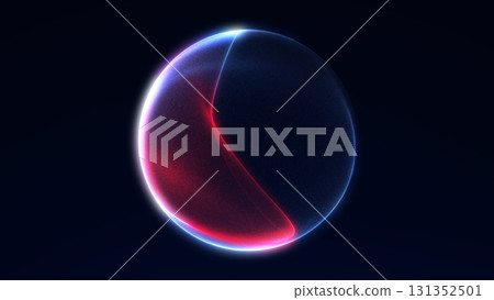 Bright red and blue abstract glowing sphere with flowing light energy and particle wave lines. Futuristic luminous orb on dark background. Bright red and blue abstract glowing sphere with flowing light energy and particle wave lines. Futuristic luminous orb on dark background. 131352501