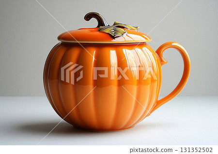 Ceramic cup with lid in shape of a orange pumpkin in a rustic style on a white background. Ceramic cup with lid in shape of a orange pumpkin in a rustic style on a white background. 131352502