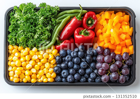 Lunch box in a gradient of colors: featuring red bell peppers, orange carrots, yellow corn, green beans, blueberries and purple grapes. Lunch box in a gradient of colors: featuring red bell peppers, orange carrots, yellow corn, green beans, blueberries and purple grapes. 131352510