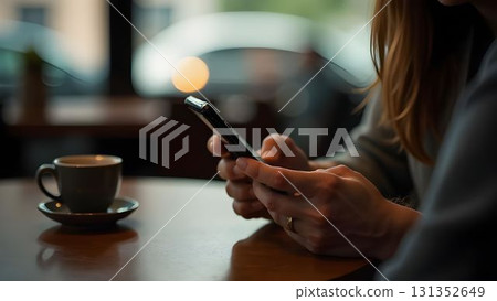 In hands mobile phone sitting at table with cup of coffee 131352649