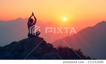 Practicing yoga at sunset on a mountain top surrounded by stunning natural beauty 131352660