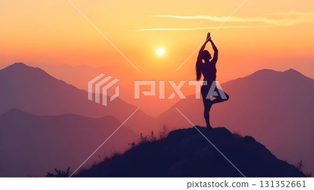 Woman practicing yoga on mountain at sunset with vibrant colors in the sky and mountain silhouettes 131352661