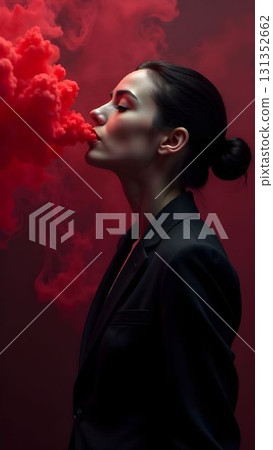 Dramatic portrait of a woman exhaling red smoke in a dark setting capturing an artistic expression of power and emotion 131352662