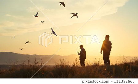 Two individuals admire birds soaring during sunset in a tranquil landscape near mountains 131352663