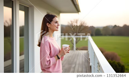 Woman enjoys morning coffee on balcony overlooking a serene landscape during sunrise 131352664