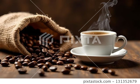 Enjoying freshly brewed coffee from a steaming cup beside spilled beans in a warm, cozy setting 131352679