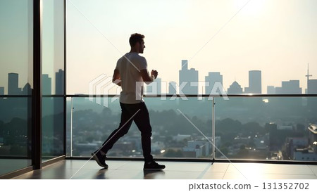 Morning jog on the balcony with city skyline view at sunrise 131352702