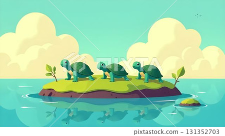 Turtles explore a vibrant island in a serene aquatic landscape during a sunny day 131352703