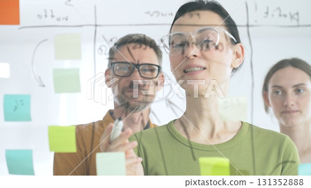 Business people team brainstorming strategic goals, mapping innovative concepts on transparent whiteboard with colorful sticky notes and black marker in office 131352888
