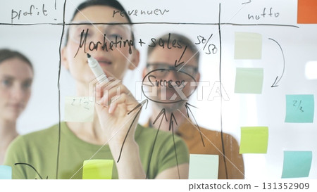 Professional team brainstorming, sharing strategy on glass whiteboard with colorful sticky notes, working collaboratively in bright office space 131352909
