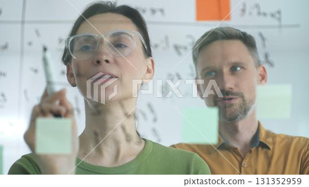 Professional businesswoman gesturing with marker, discussing strategic plans near glass board covered in colorful sticky notes during collaborative corporate meeting. Business people concept Professional businesswoman gesturing with marker, discussing strategic plans near glass board covered in colorful sticky notes during collaborative corporate meeting. Business people concept 131352959