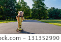 Little girl scooter. Toddler riding yellow scooter. Park road summer play. 131352990
