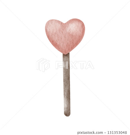 Heart shaped Lollipop on a stick. Hand drawn watercolor illustration in a cute style isolated on a background. Perfect for Valentines Day designs, romantic cards, wedding invitations, sweet shop Heart shaped Lollipop on a stick. Hand drawn watercolor illustration in a cute style isolated on a background. Perfect for Valentines Day designs, romantic cards, wedding invitations, sweet shop 131353048