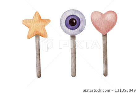Halloween trick or treat candy set. Lollipops on a stick of star, eye and heart shape. Hand drawn watercolor illustration in a cute style isolated on a background. For party invitations, decorations 131353049