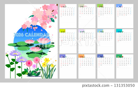 2026 calendar, flower, set, vector, woman 131353050