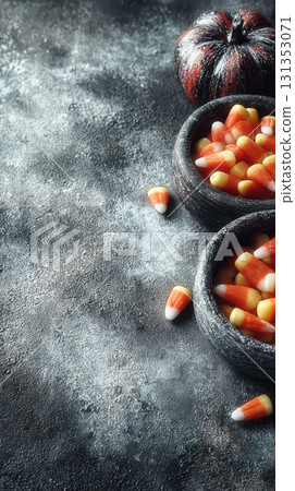 Candy corn in rustic bowls for Halloween 131353071