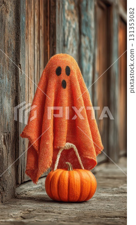 Cute orange ghost decoration with pumpkin at home 131353082