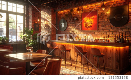 磚牆和木質櫃檯的時尚咖啡館 131353158