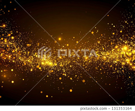 Particle background material with golden light particles dancing on a dark background 131353164