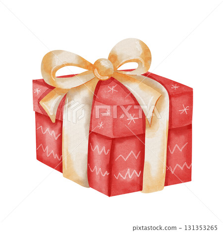 Red gift box tied with gold bow. Watercolor illustration of gift container isolated on white background Red gift box tied with gold bow. Watercolor illustration of gift container isolated on white background 131353265