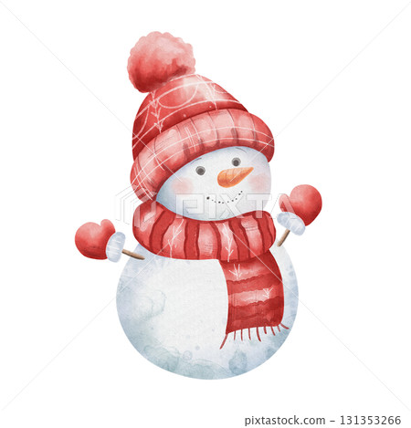 Cute smiling snowman wearing red hat, scarf, and mittens. He has carrot nose. Watercolor illustration of snow character. Symbol of winter and Christmas. Children card. 131353266