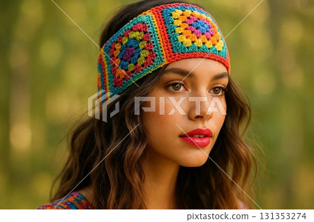 Portrait of a Woman Wearing Beaded Headpiece for Fashion and Editorial Photography 131353274