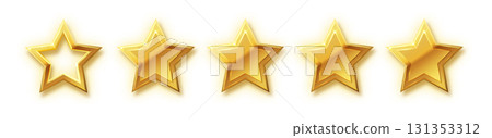 Five stars gold icon. Stars rating review icon.Vector stars set of realistic metallic golden stars isolated on white background. Symbol wye of leadership. Vector illustration Five stars gold icon. Stars rating review icon.Vector stars set of realistic metallic golden stars isolated on white background. Symbol wye of leadership. Vector illustration 131353312