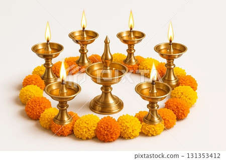 Diwali Lamps and Marigold Flowers for Festival and Celebration Photography Diwali Lamps and Marigold Flowers for Festival and Celebration Photography 131353412