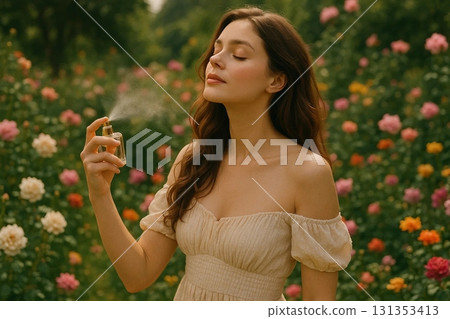 Young Woman Applying Perfume in Garden for Beauty and Lifestyle Photography Young Woman Applying Perfume in Garden for Beauty and Lifestyle Photography 131353413