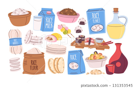 Rice products colorful hand drawn set with burlap sack, porridge, noodles, oil, crispy bread, sushi 131353545