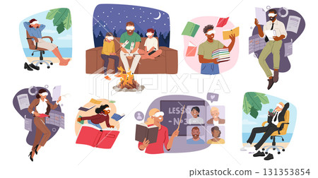 Diverse people characters using VR goggles while working and study isolated cartoon scene set 131353854