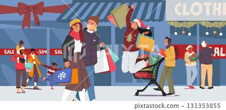 Happy people enjoying Christmas shopping sales walking down city street cartoon background 131353855