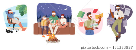People in VR goggles relaxing and having break, enjoying camping and studying cartoon scene set People in VR goggles relaxing and having break, enjoying camping and studying cartoon scene set 131353857
