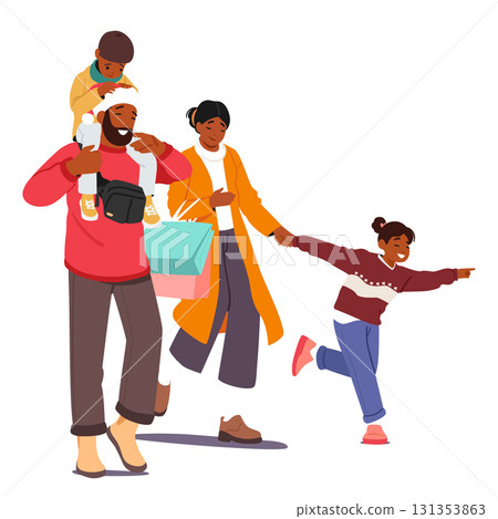 Happy family with paper purchase bags enjoying Christmas shopping walking together isolated on white 131353863