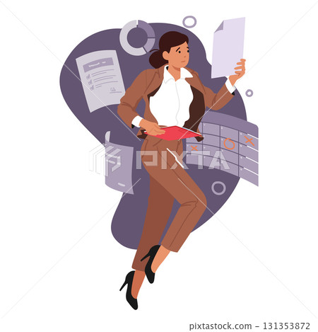 Young woman entrepreneur cartoon character working with financial statistics of business project 131353872